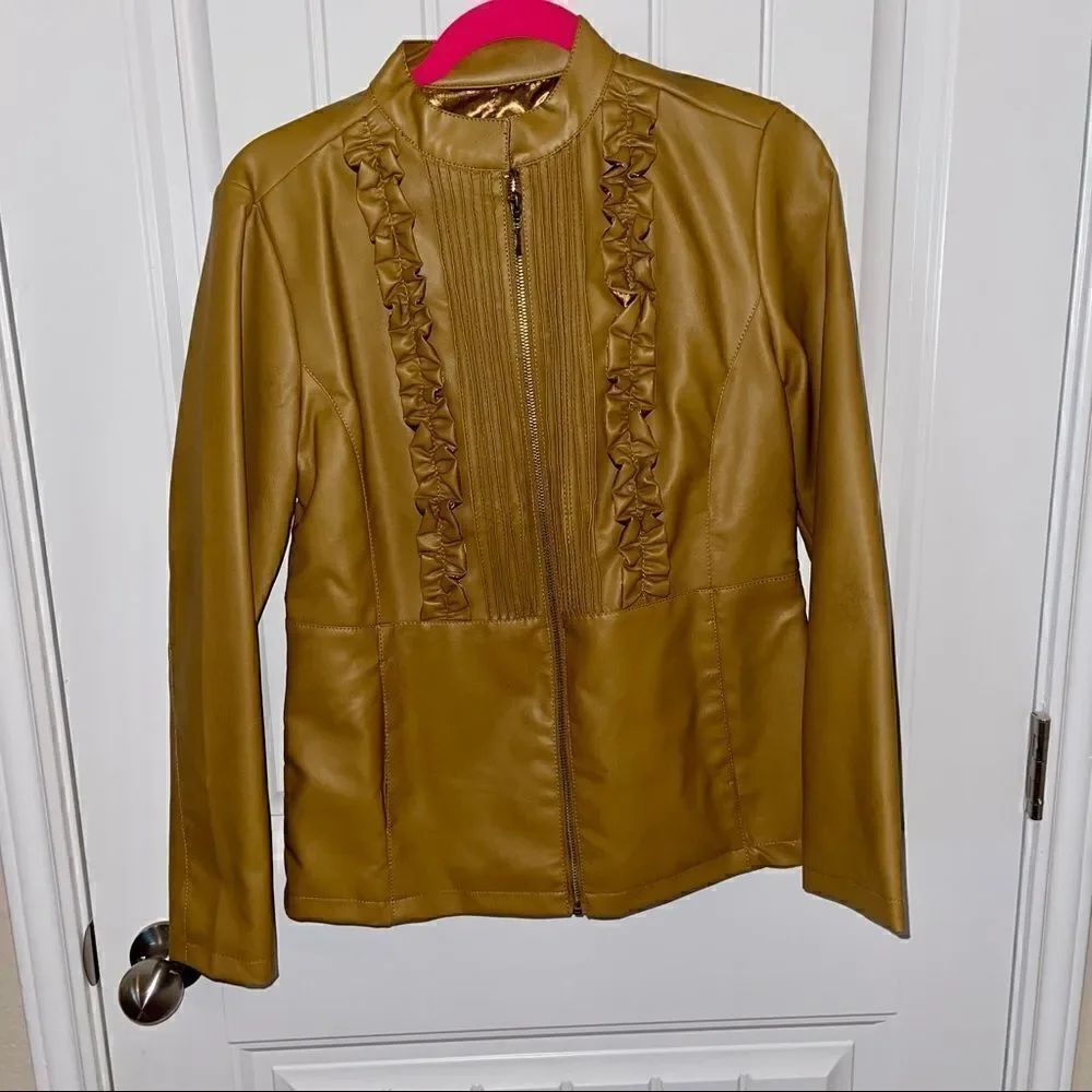 Susan Graver Faux Leather Ruffle Moto Jacket Brown XXS